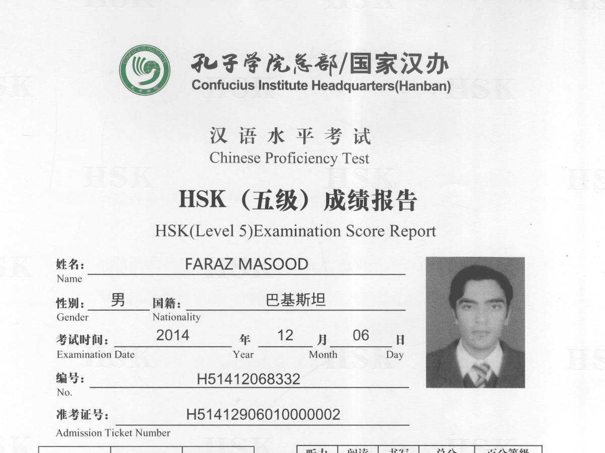 HSKK Advance Level Chinese Speaking Certification | Faraz Masud 法