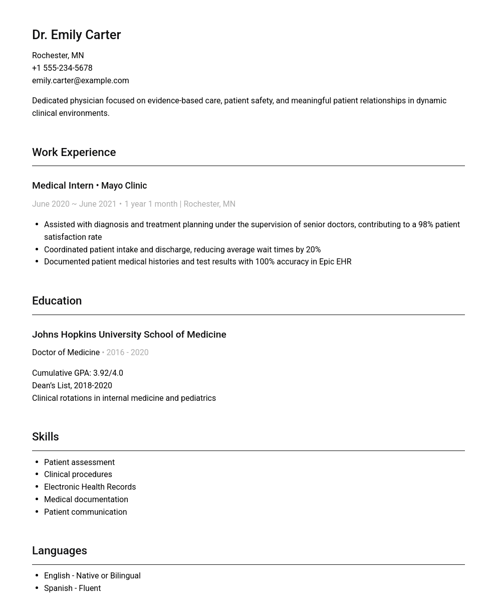 A professionally written resume sample for a Doctor, showing work experience, education, skills, and languages.