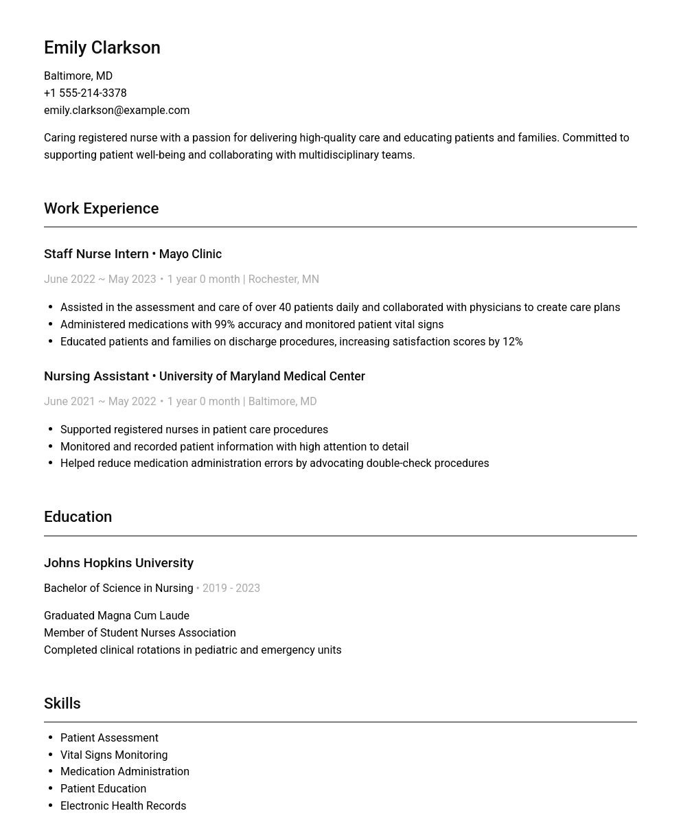 A professionally written resume sample for a Nurse, showing work experience, education, skills, and languages.