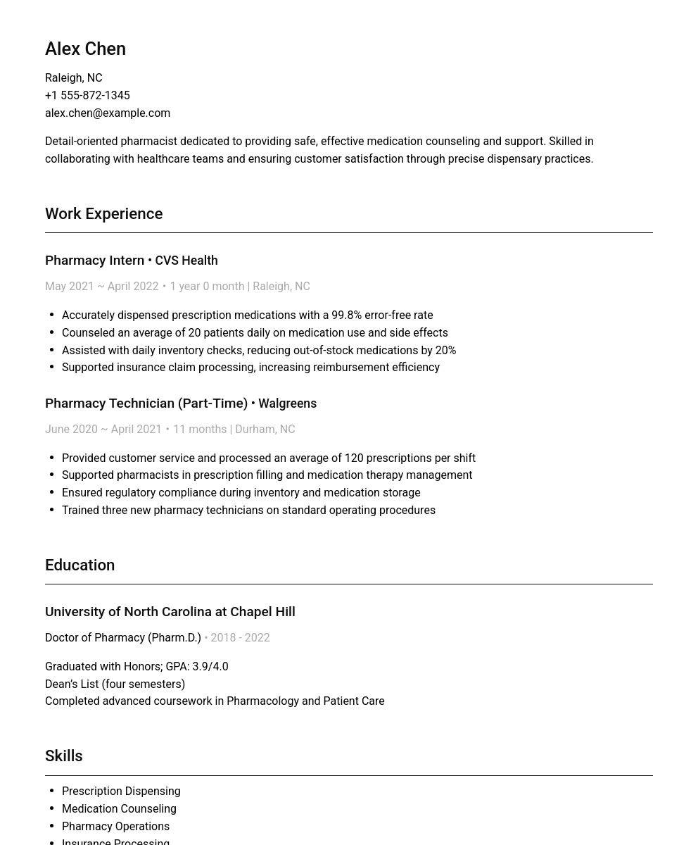A professionally written resume sample for a Pharmacist, showing work experience, education, skills, and languages.