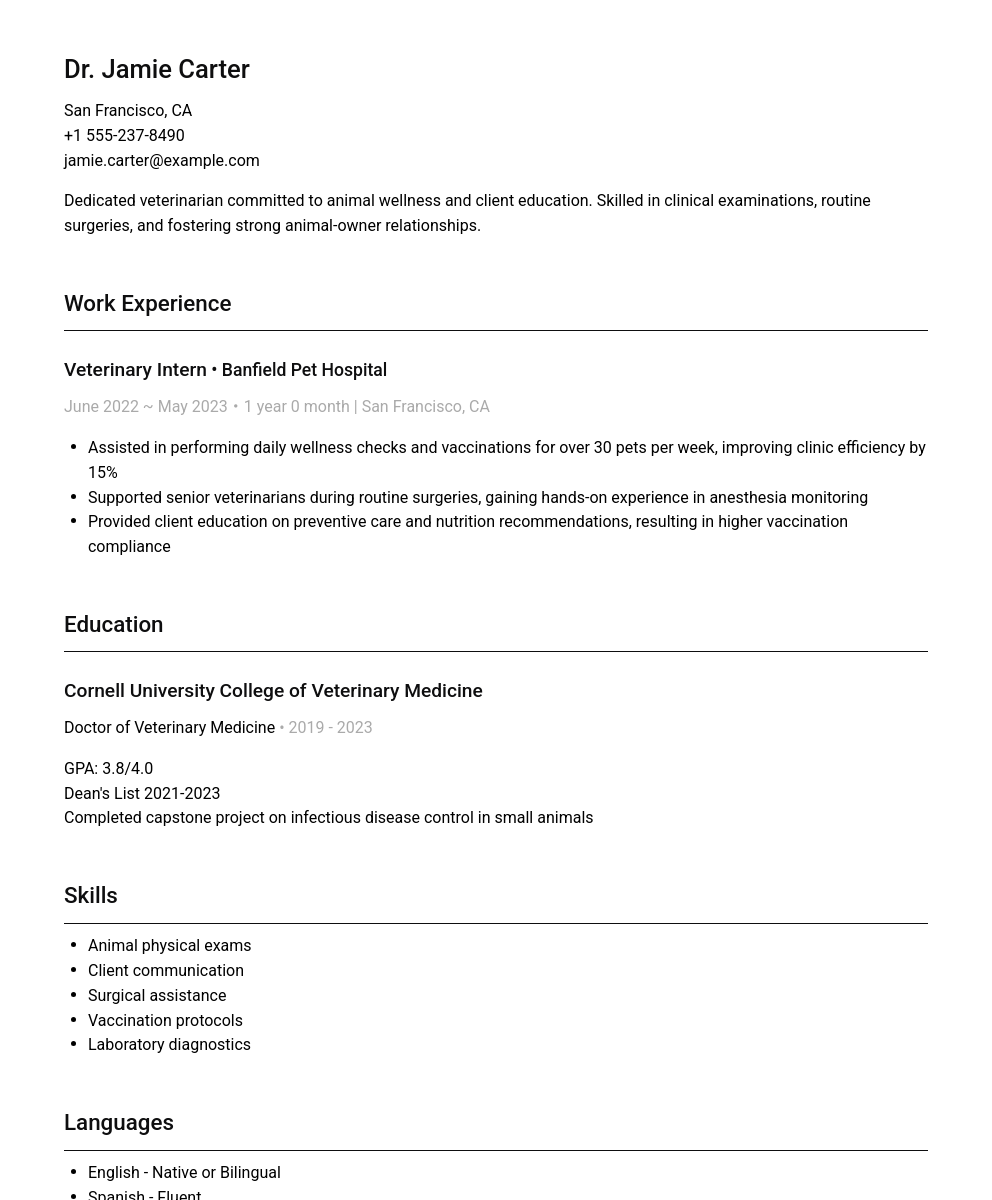Veterinarian resume sample showcasing professional summary, work experience, education, skills, and languages.