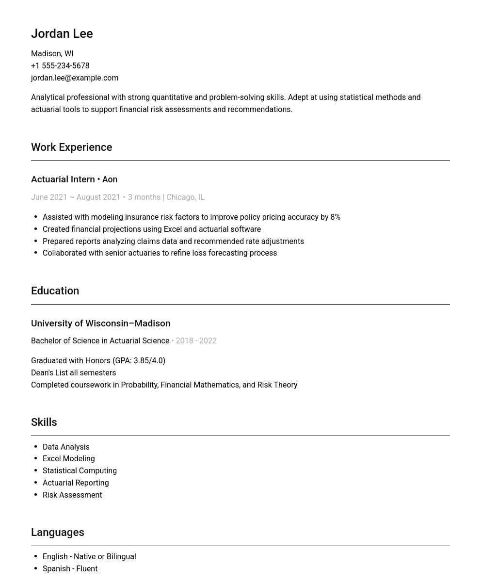 精算师简历范本（2025 年版） | Cake