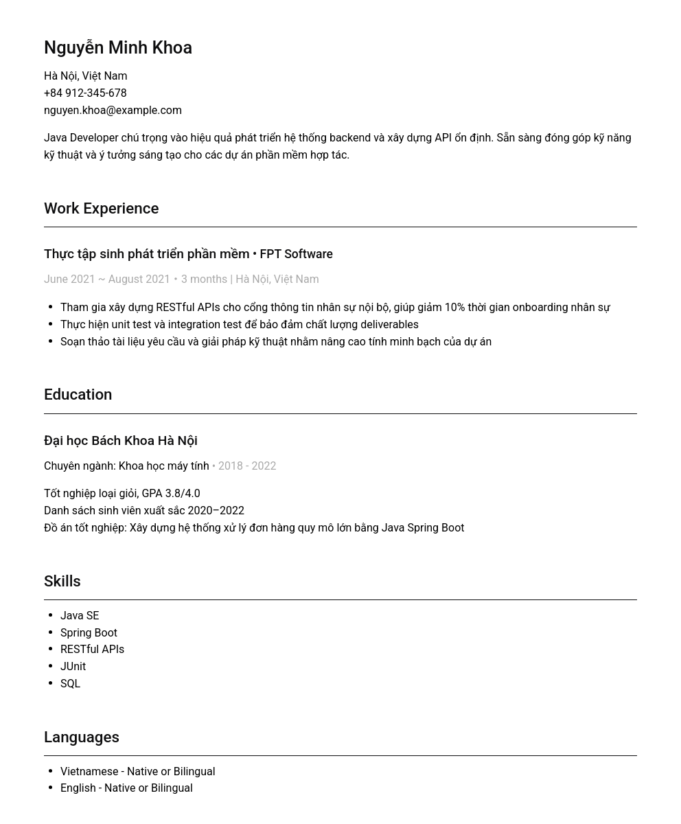 Mẫu CV Java Developer chuyên nghiệp, giúp bạn thể hiện bản thân hiệu quả và gây ấn tượng với nhà tuyển dụng.