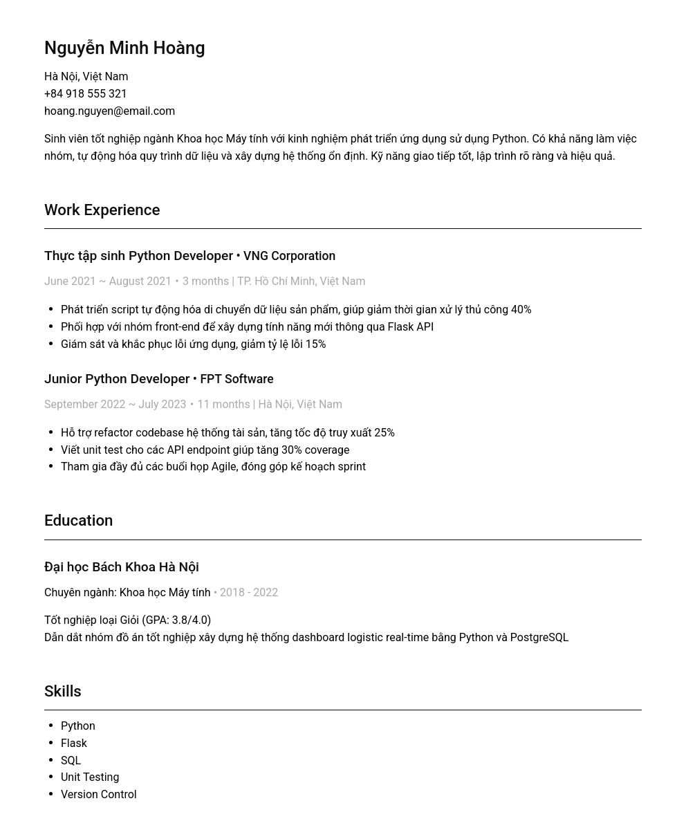 A professionally written resume sample for a Python Developer, showing work experience, education, skills, and languages.