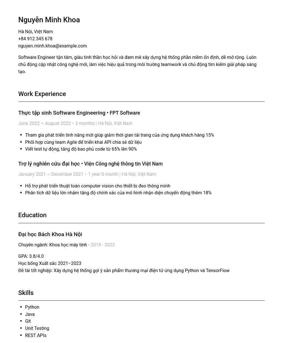A professionally written resume sample for a Software Engineer, showing work experience, education, skills, and languages.