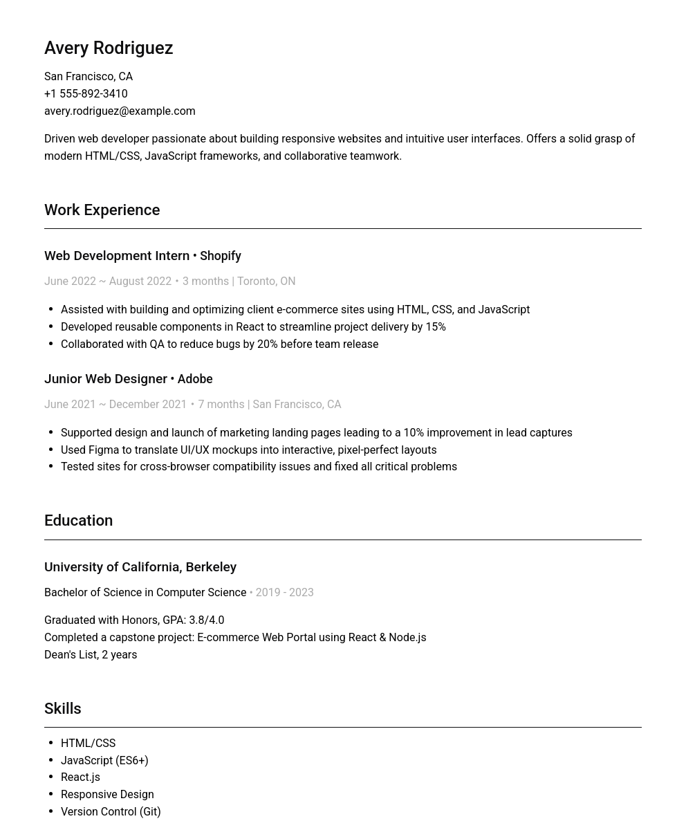 A professionally written resume sample for a Web Developer, showing work experience, education, skills, and languages.