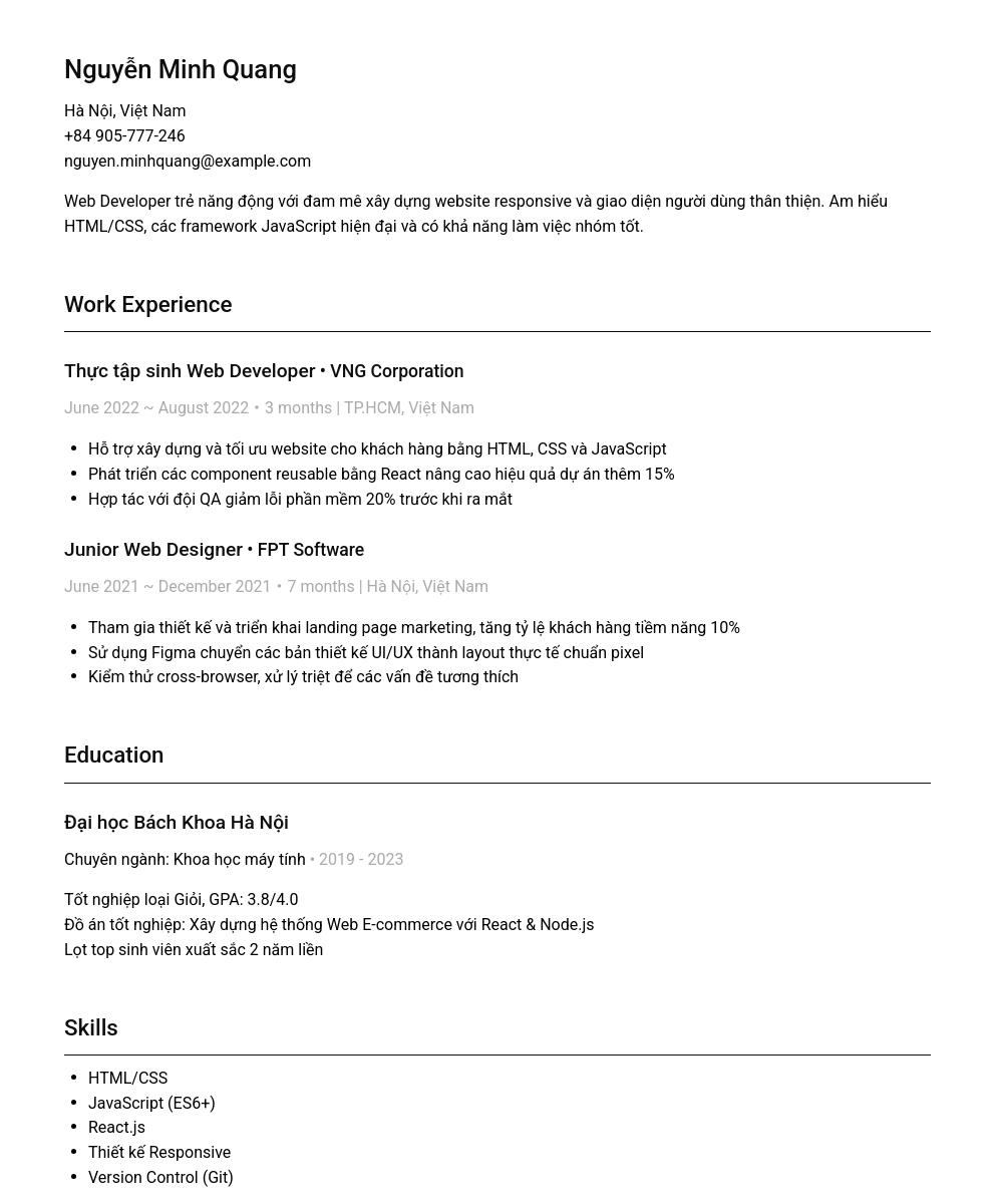 A professionally written resume sample for a Web Developer, showing work experience, education, skills, and languages.
