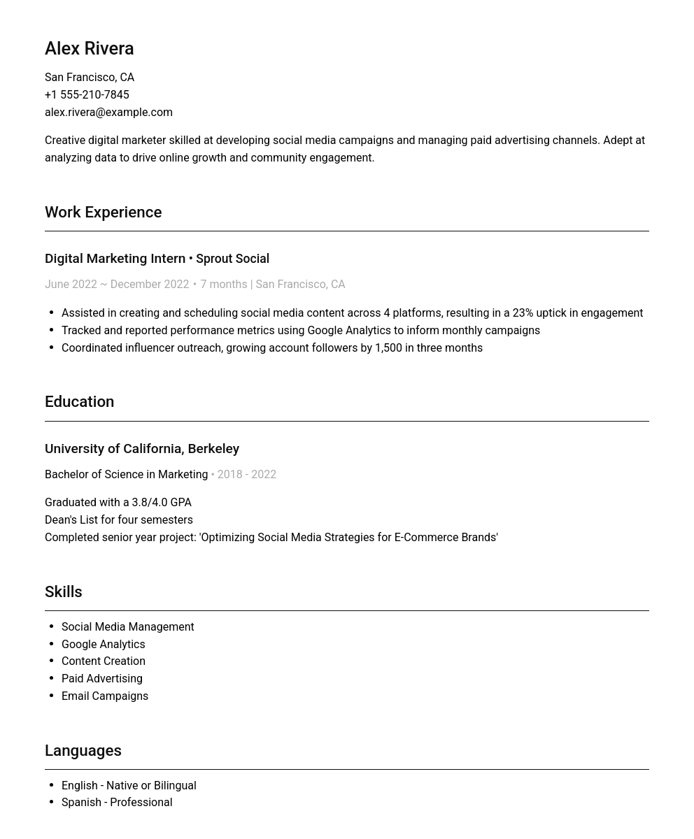 A professionally written resume sample for a Digital Marketer, showing work experience, education, skills, and languages.