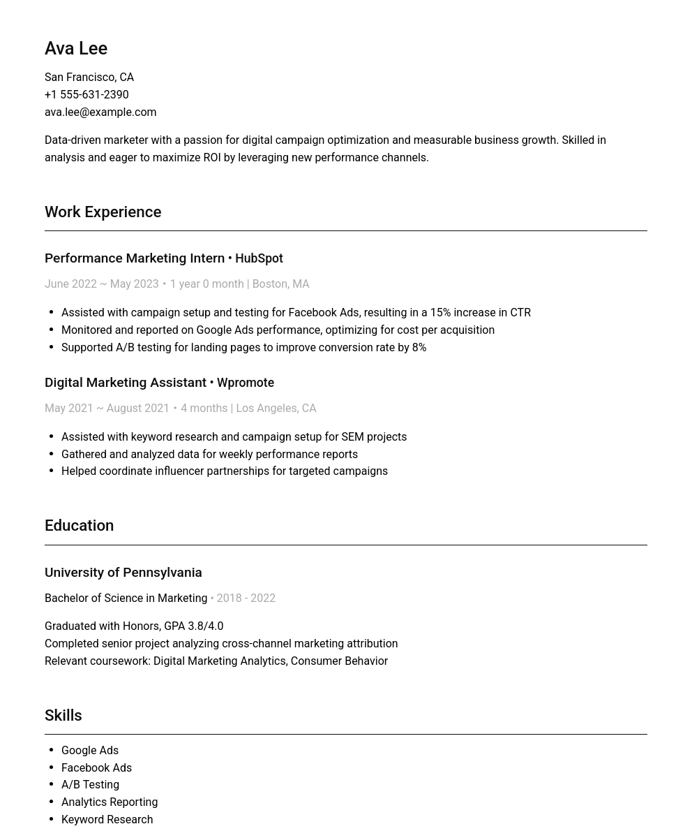 A professionally written resume sample for a Performance Marketing Manager, showing work experience, education, skills, and languages.
