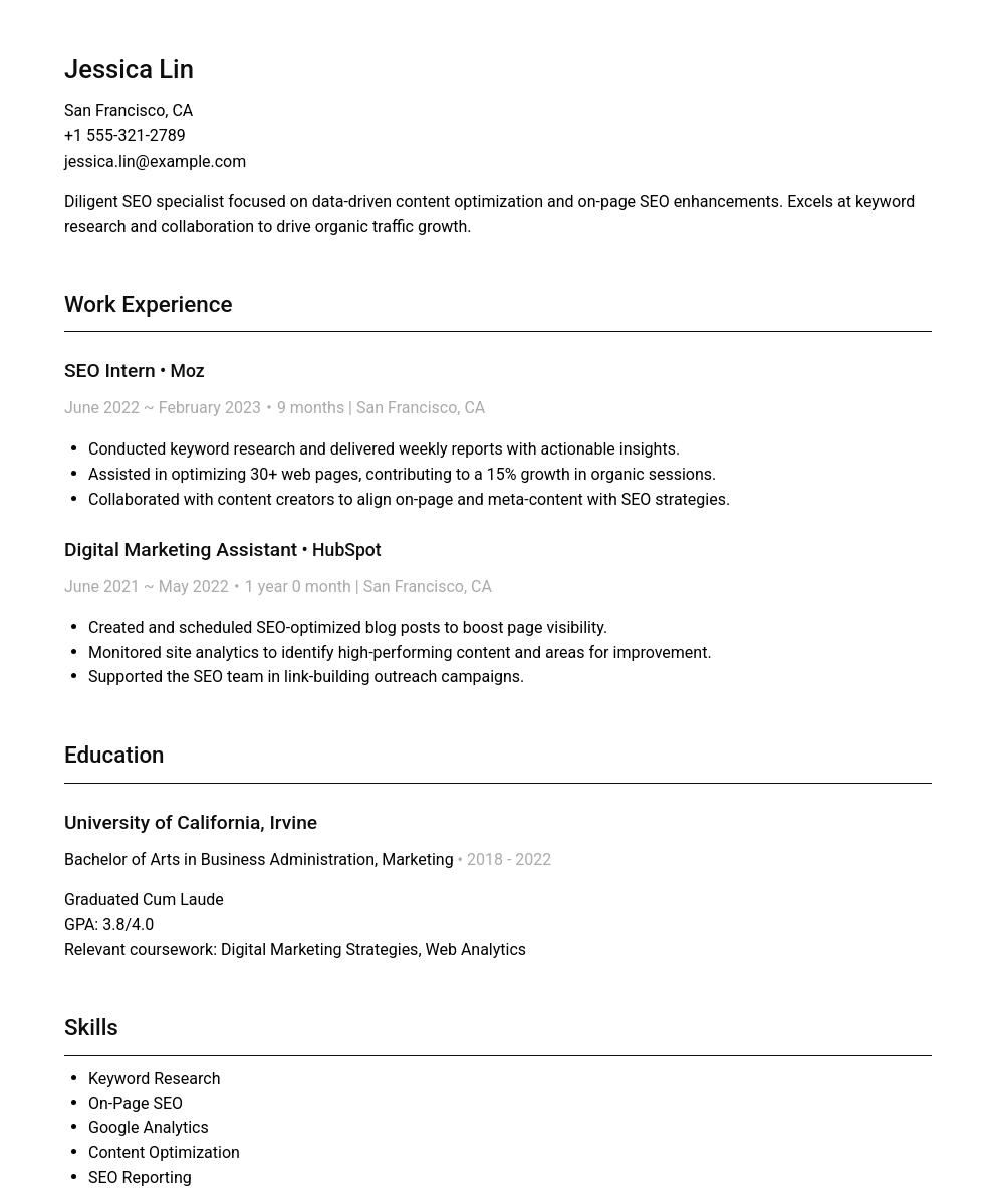 SEO Specialist resume sample showcasing professional summary, work experience, education, skills, and languages.