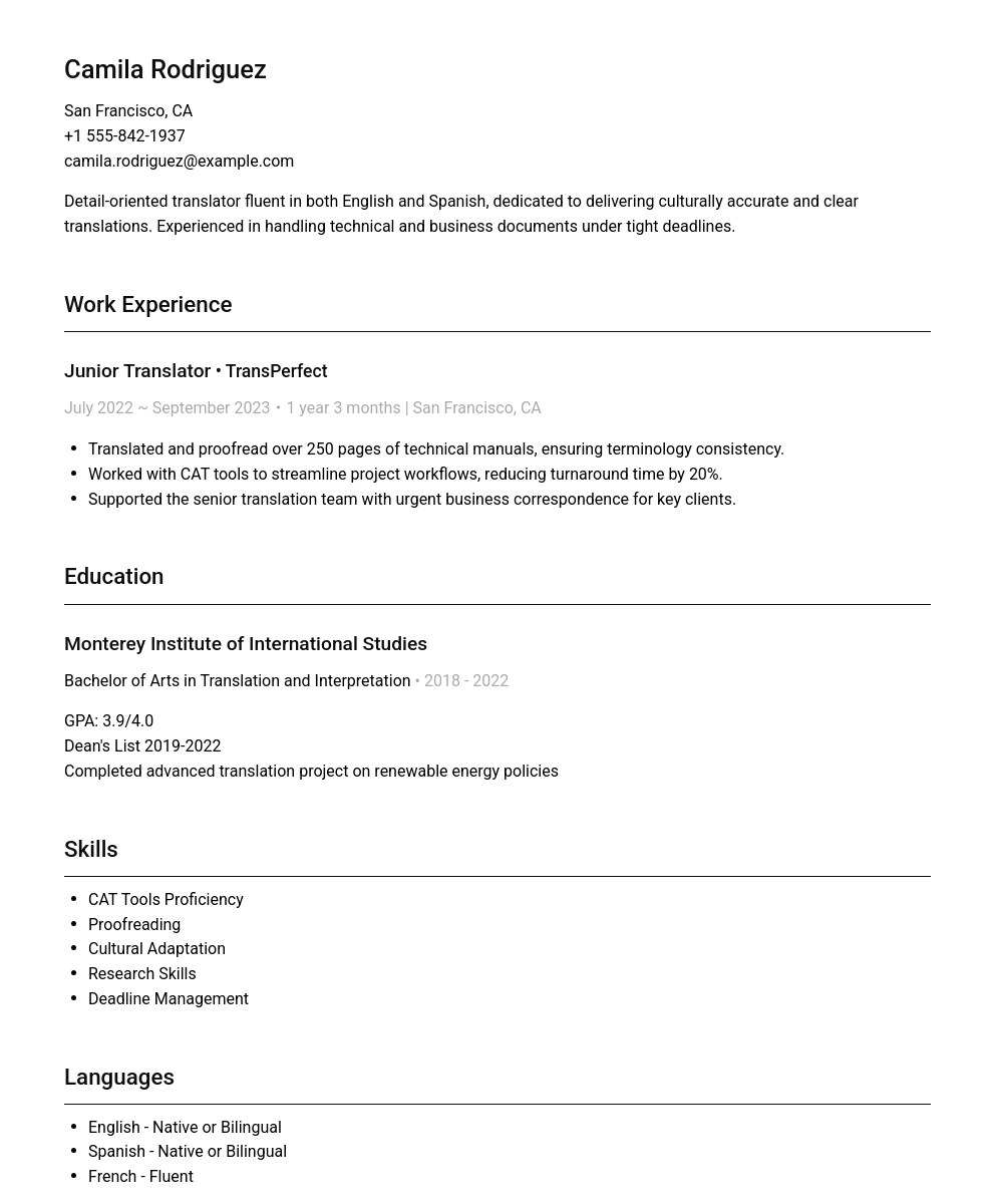 Translator resume sample showcasing professional summary, work experience, education, skills, and languages.