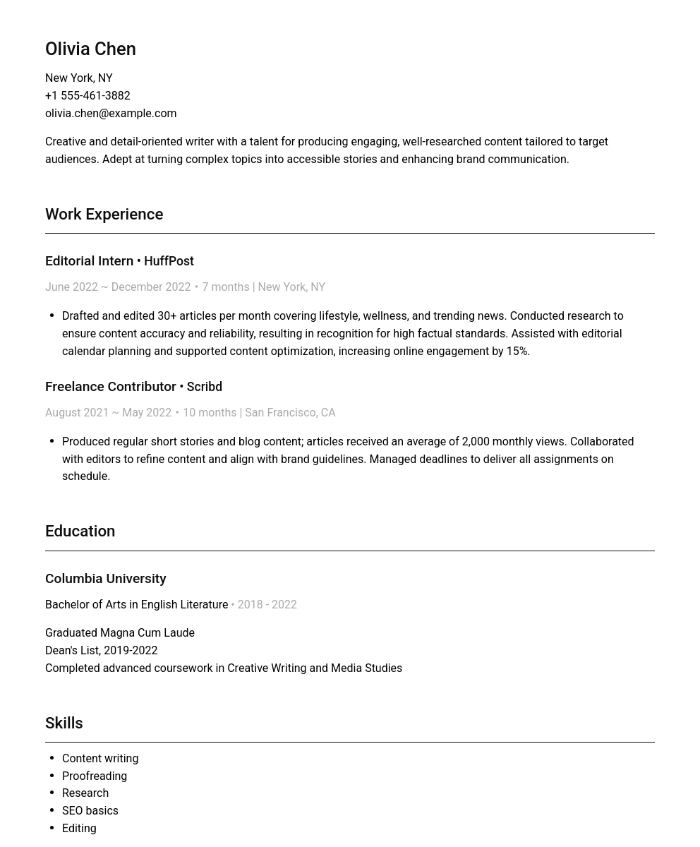 A professionally written resume sample for a Writer, showing work experience, education, skills, and languages.