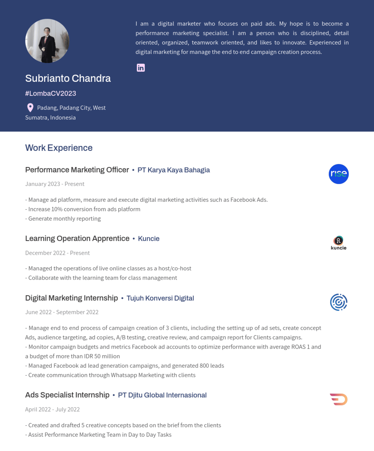 Subrianto Chandra, Performance Marketing Officer@PT Karya Kaya Bahagia