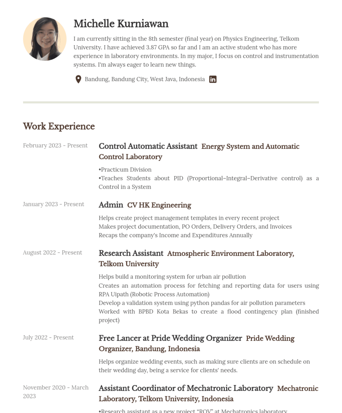 Michelle Kurniawan,  Control Automatic Assistant@Energy System and Automatic Control Laboratory