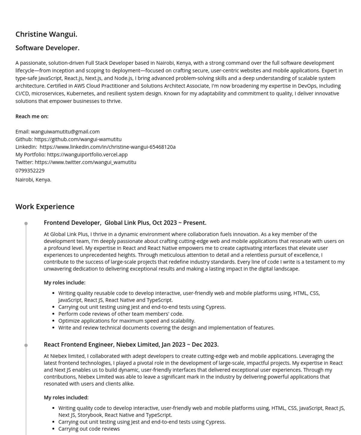 Christine Wangui Wamutitu, FrontEnd Web Developer Freelancer@Upwork