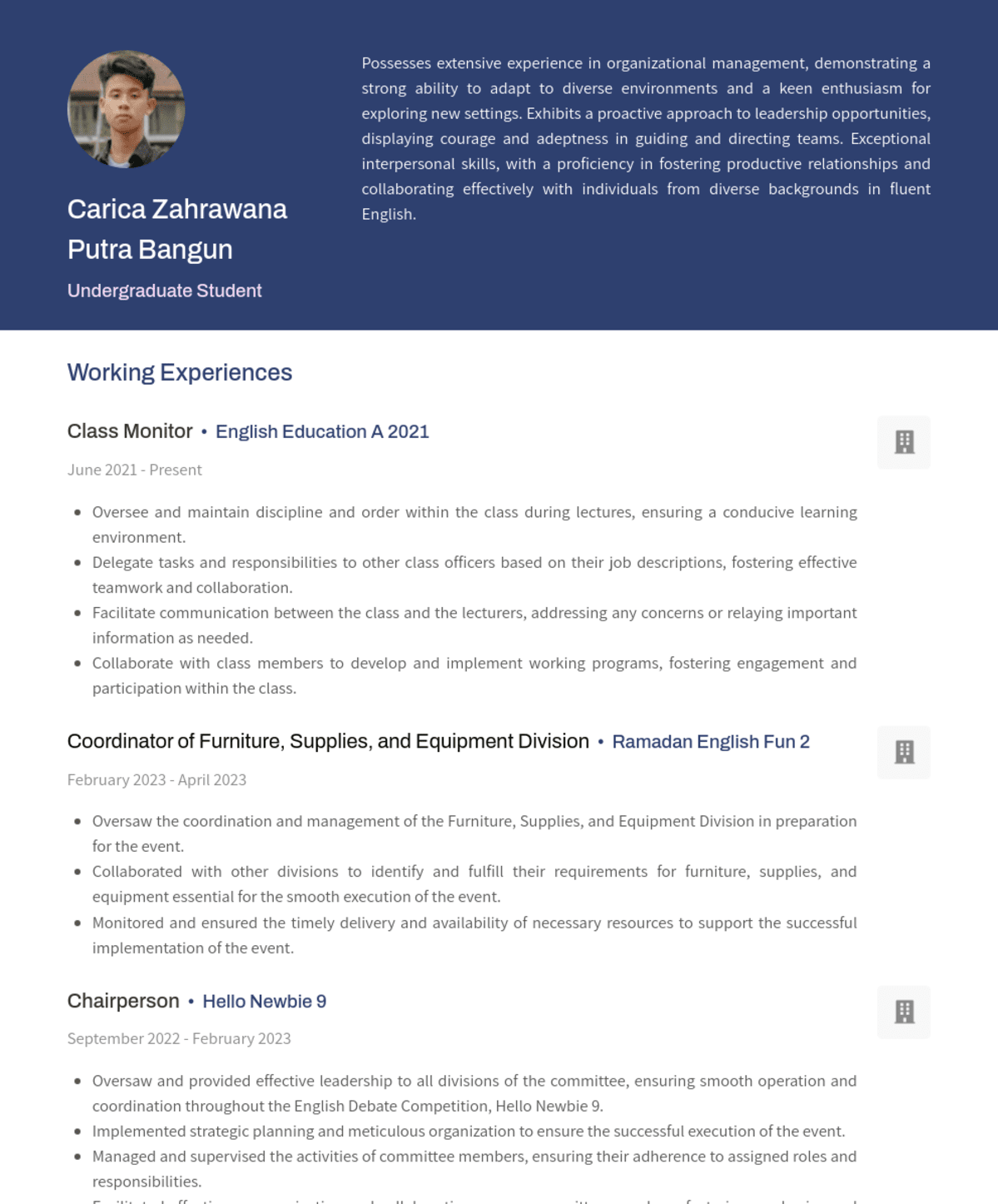 Carica Zahrawana Putra Bangun, Coordinator of Furniture, Supplies, and Equipment Division@Ramadhan English Fun 2