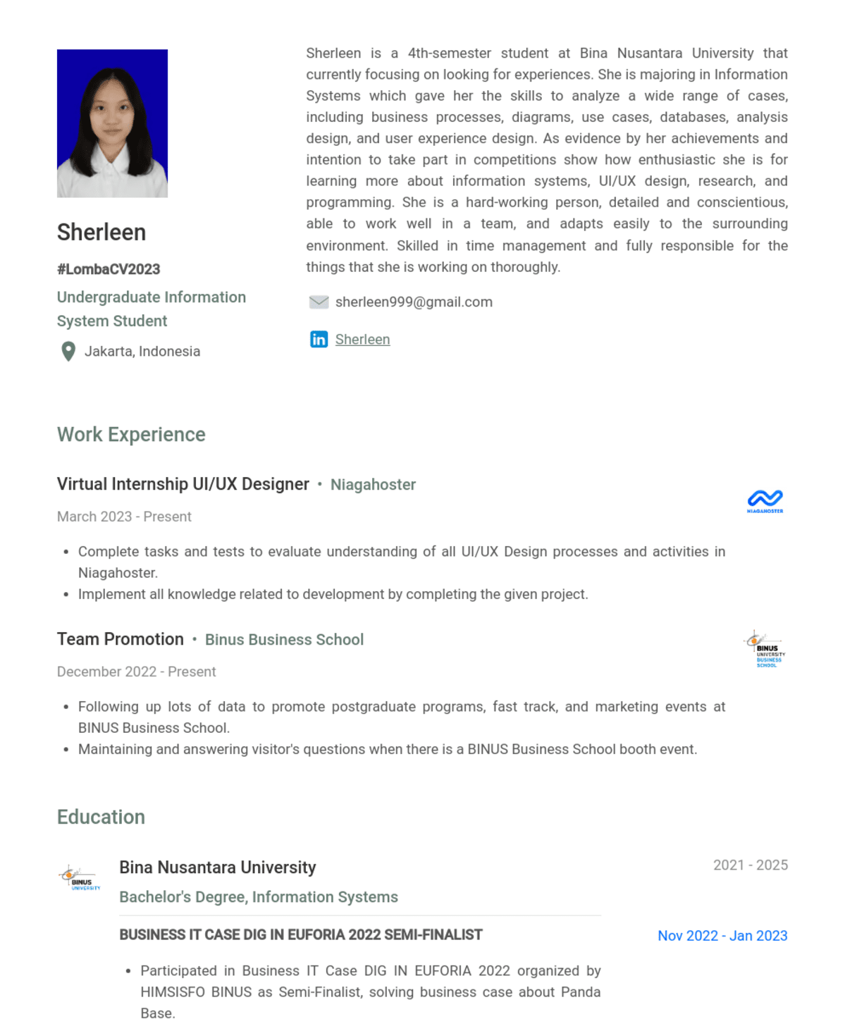 Sherleen, Team Promotion@Binus Business School